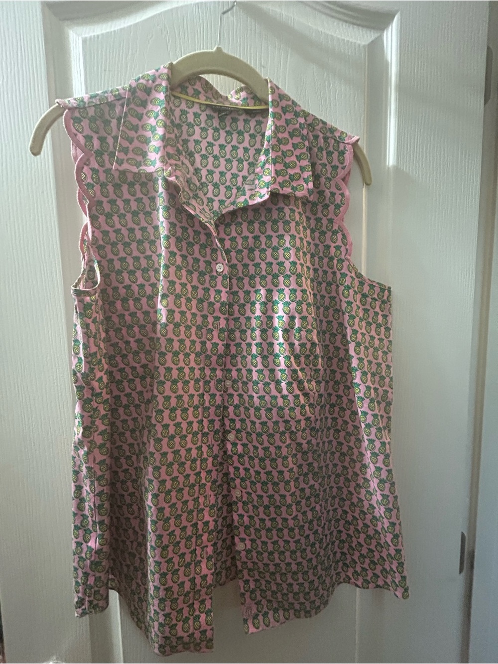 Talbots Pink Sleeveless Button-Down Blouse with Green Pineapple Print